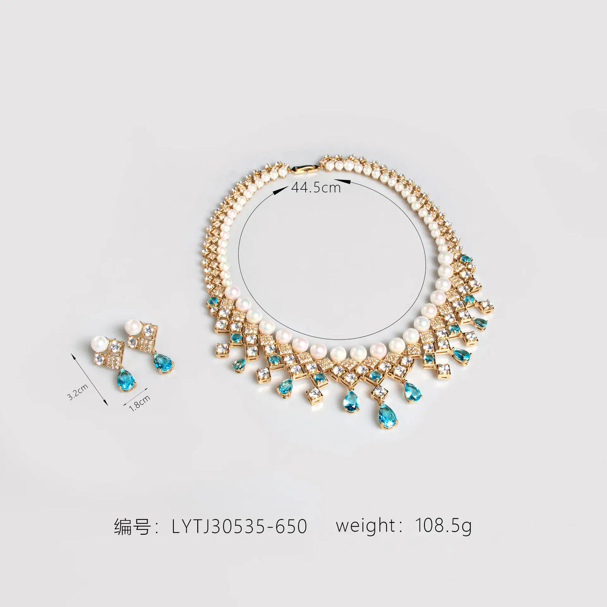 Parure de bijoux de luxe en perles et cristaux bleus pour femme