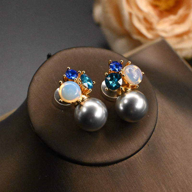 Premium blue rhinestone pearl stud earrings