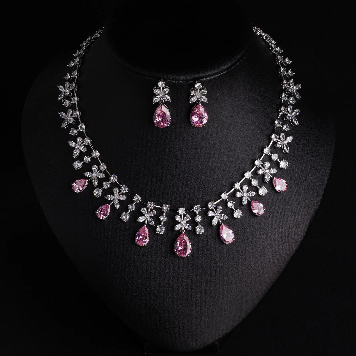 Elegant Emerald Crystal Flower Jewelry Set – Silver Necklace Earrings for Women