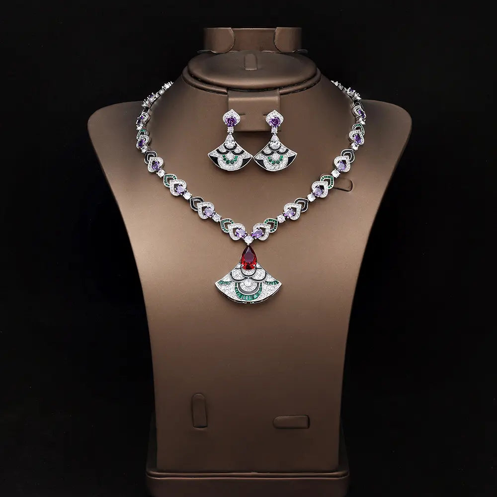 Luxury Green Crystal Necklace Set Gold Plated Copper Alloy Statement Jewelry for Women