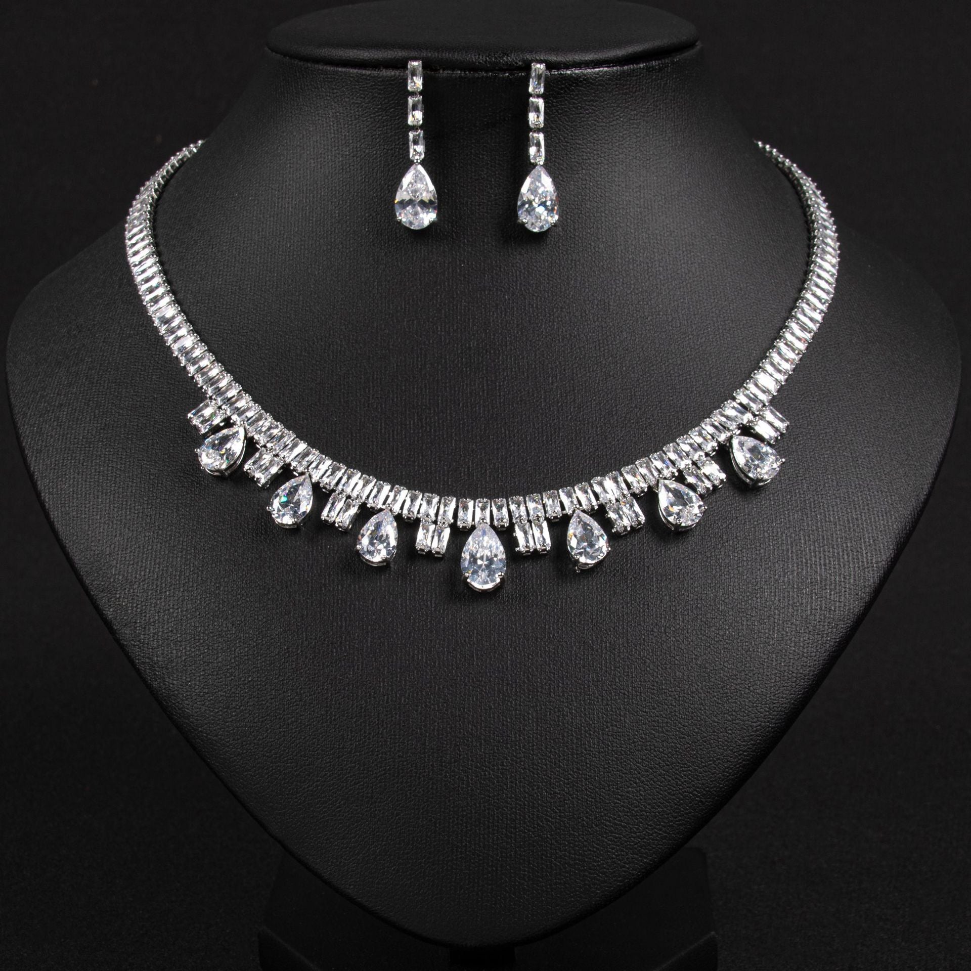 Luxury Ruby Red Teardrop Necklace Set for Women – Baguette Crystal Jewelry with Matching Earrings