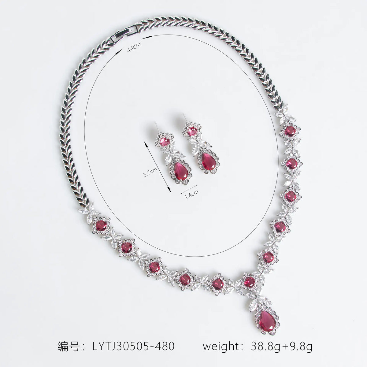 Luxury Ruby Teardrop Necklace Set – Floral Crystal Earrings Jewelry