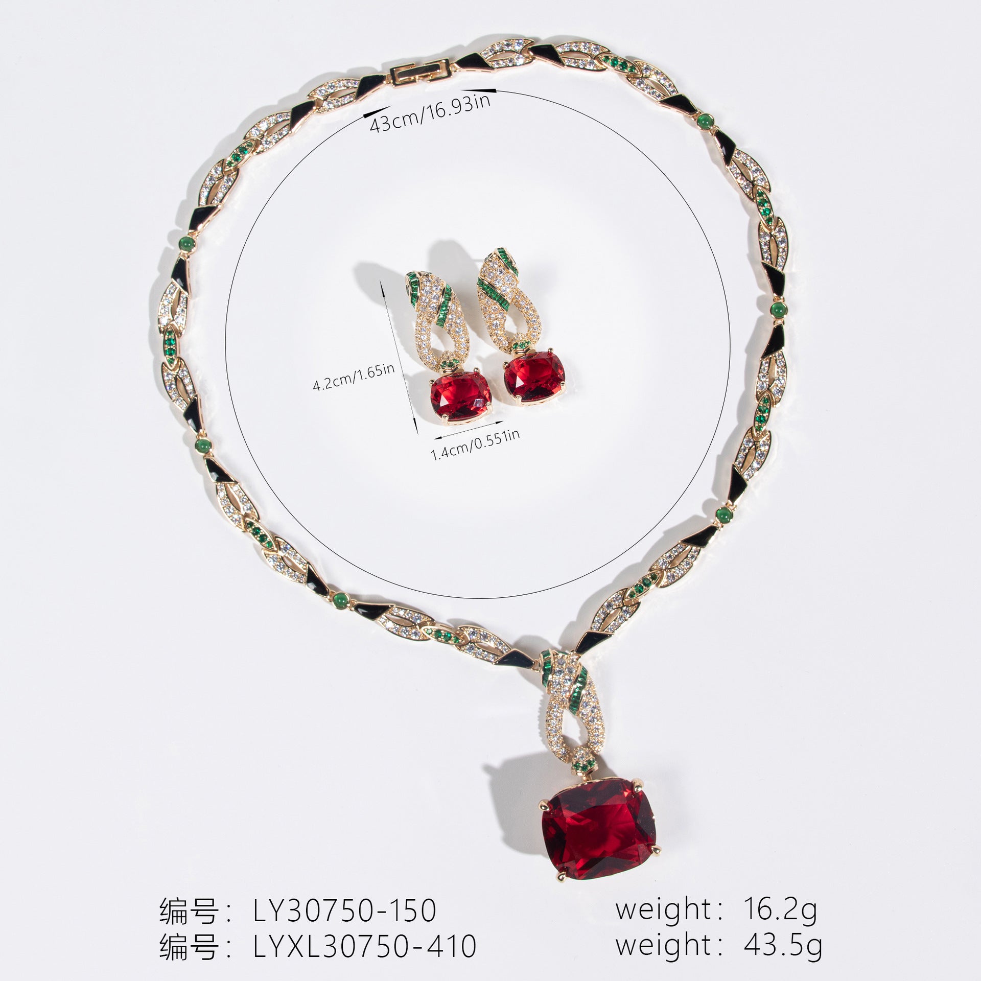 Luxury Ruby Red Crystal Pendant Necklace Earrings Set – Gold Statement Jewelry for Women