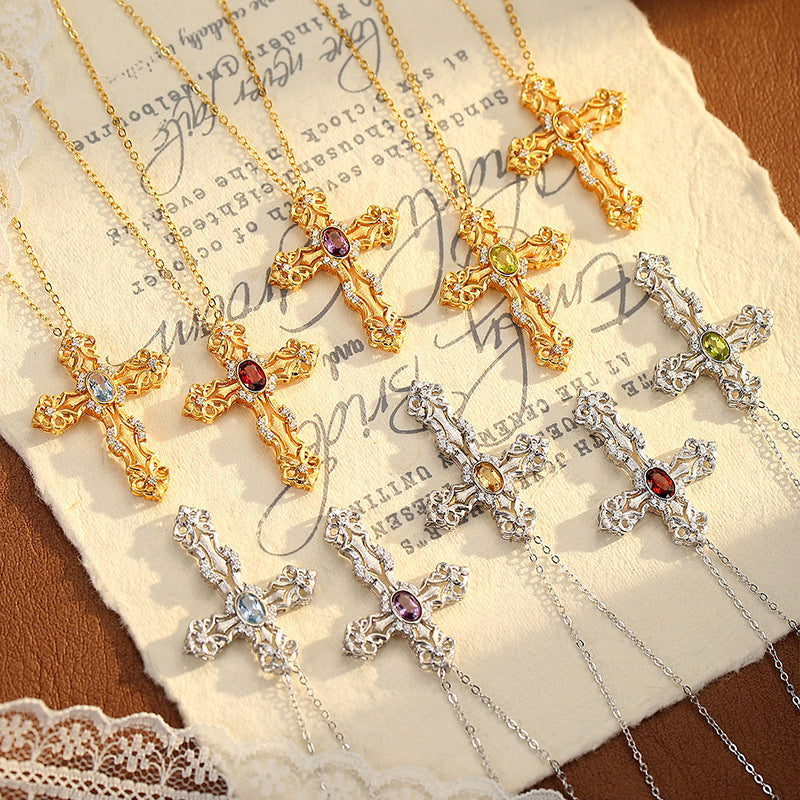 S925 Sterling Silver Colored Crystal Cross Necklace