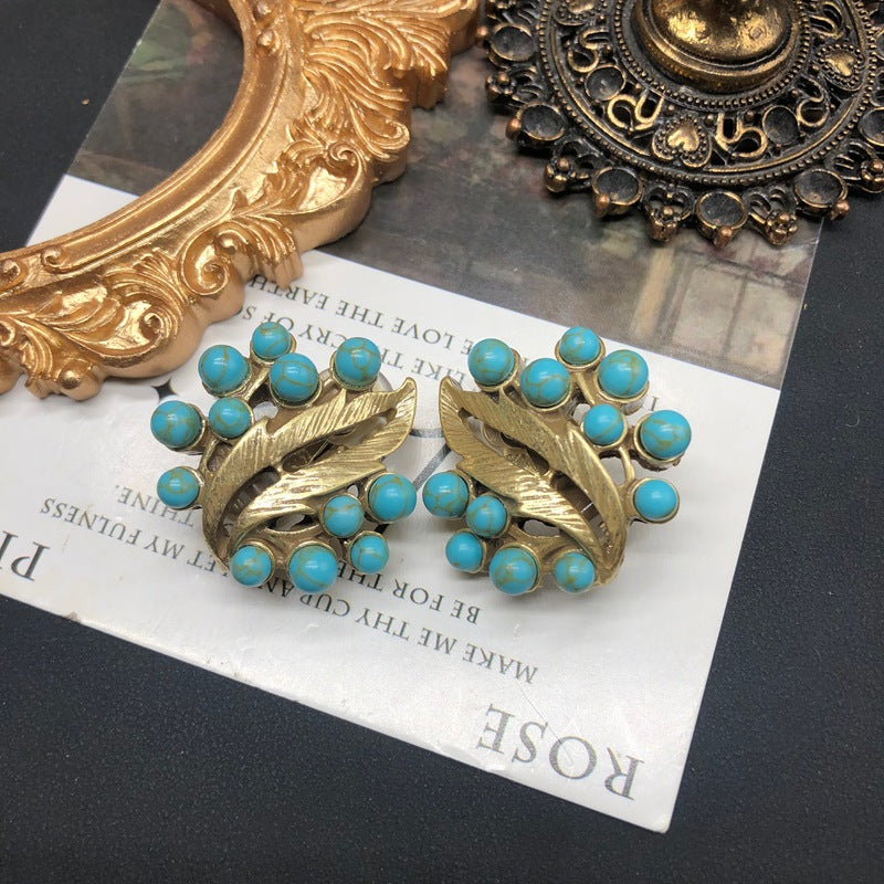 Turquoise inlaid necklace earrings antique gold jewelry set