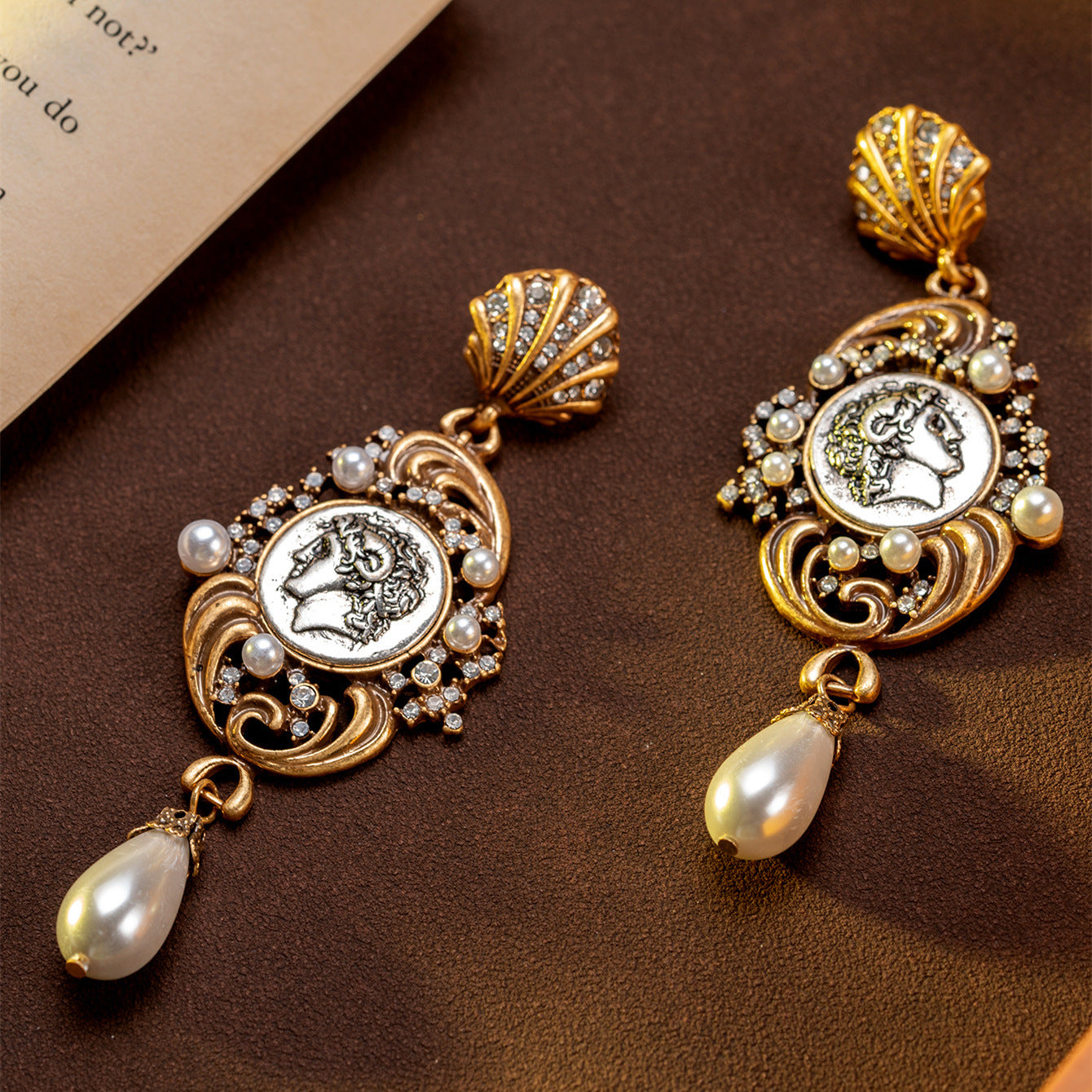 French vintage portrait pearl drop earrings