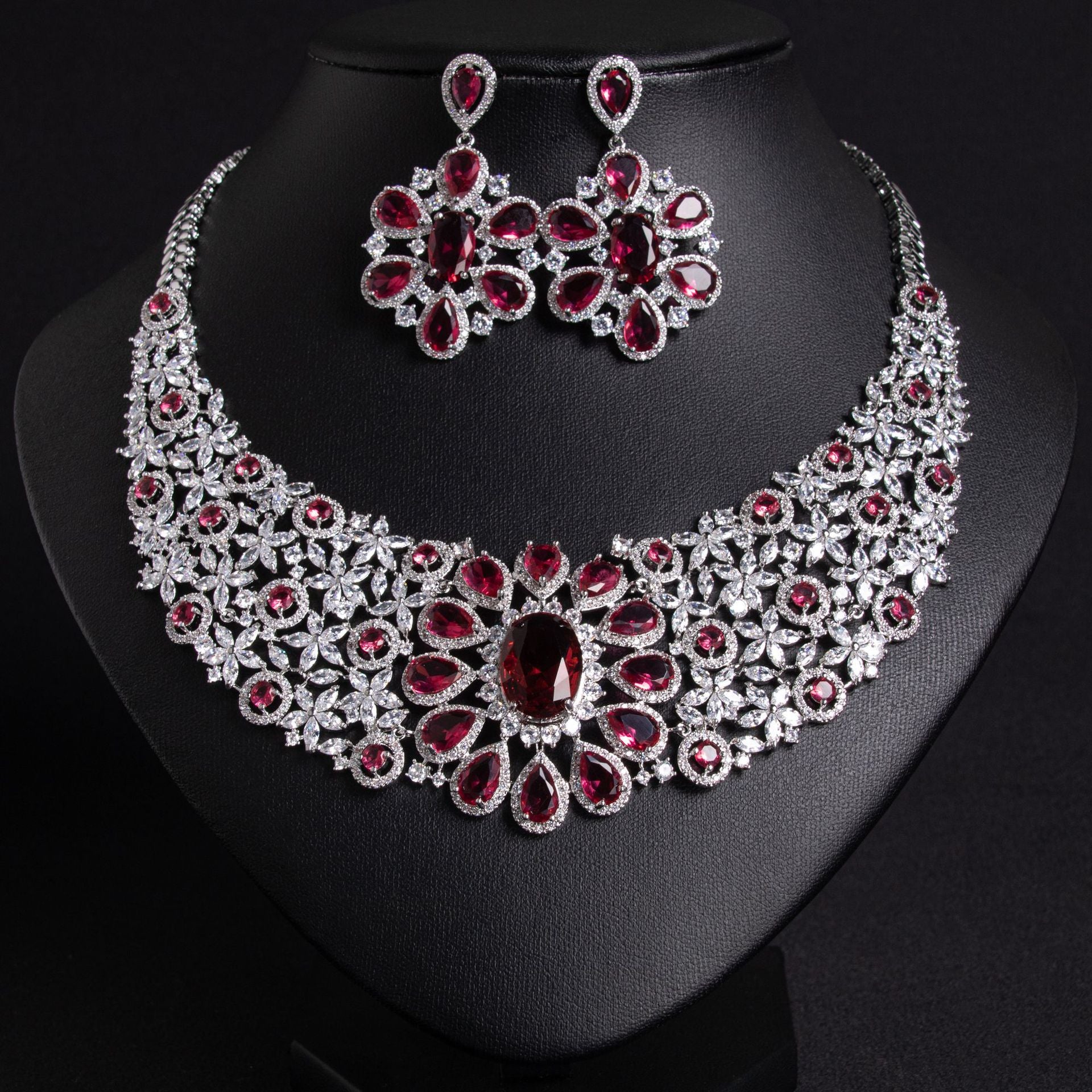 Luxury Red Gemstone Flower Necklace and Earrings Set – Elegant Statement Jewelry