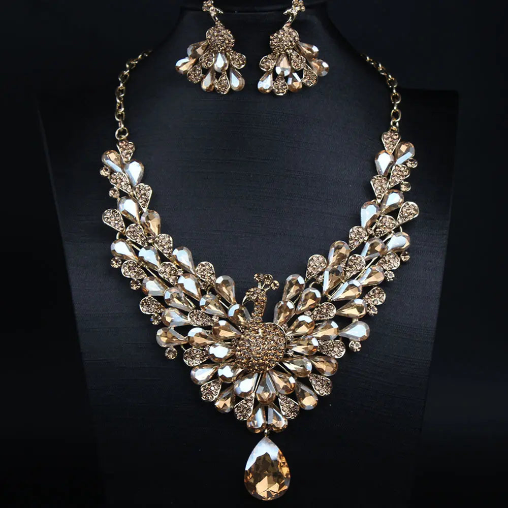 Luxury Emerald Green Peacock Crystal Necklace and Earrings Jewelry Set