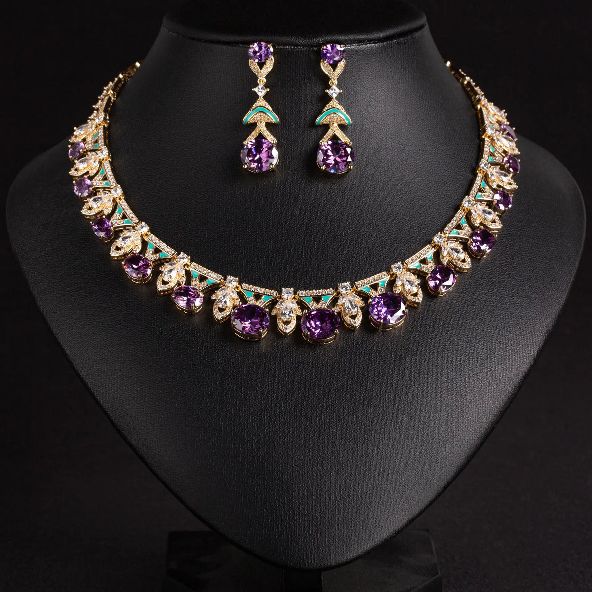 Parure de bijoux collier et boucles d'oreilles en cristal violet améthyste de luxe
