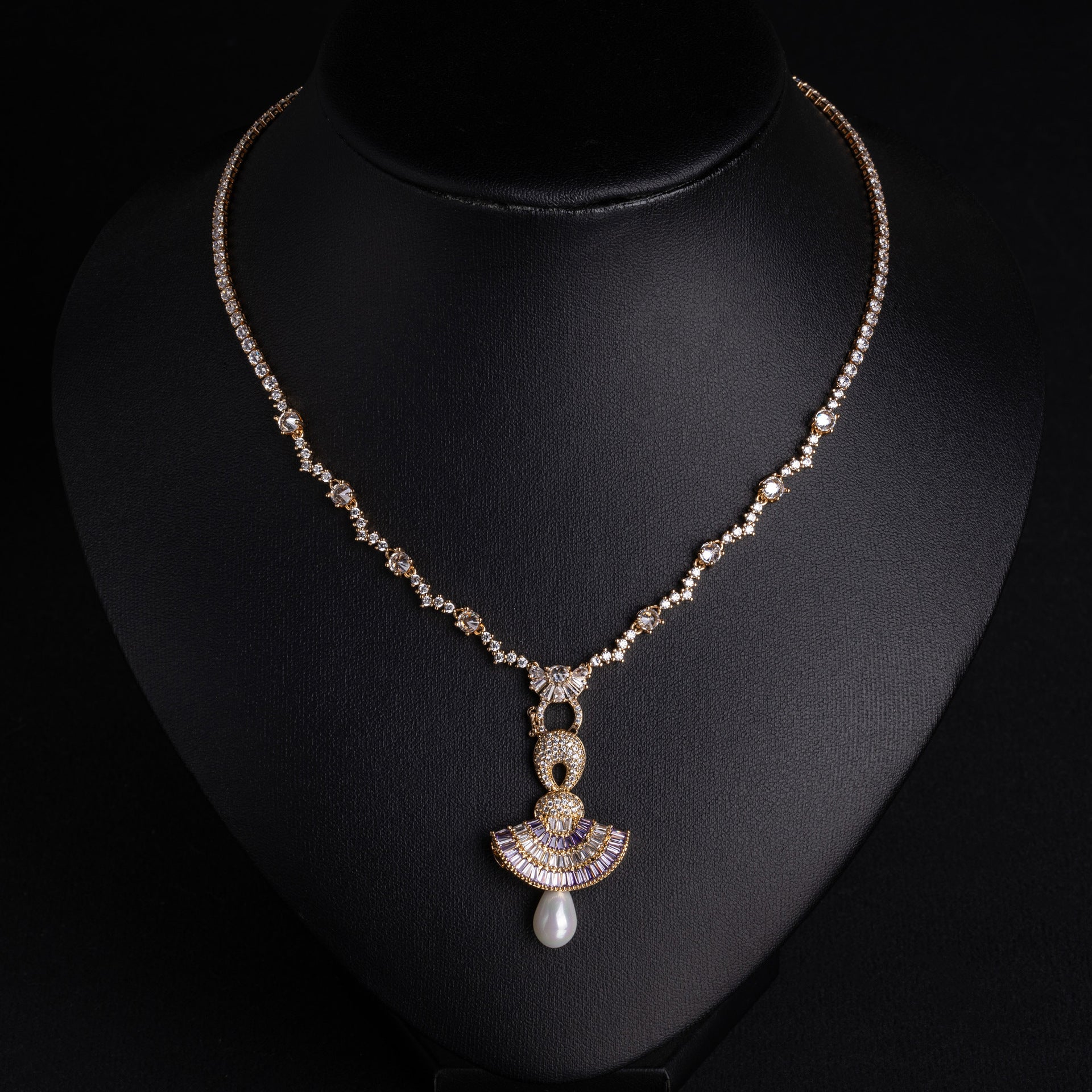 Luxury Red Purple Crystal Fan Pendant Necklace Set with Pearl Drop – Statement Evening Jewelry for Women