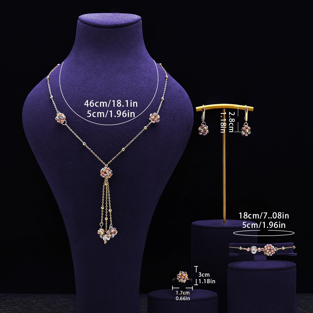 Luxury Gold Floral Tassel Jewelry Set – Necklace Earrings Bracelet Ring for Women