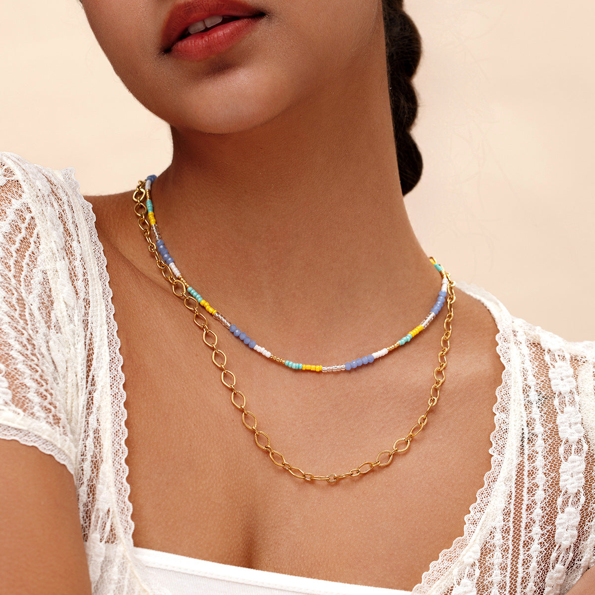 Simple personality handmade beaded stacked necklace