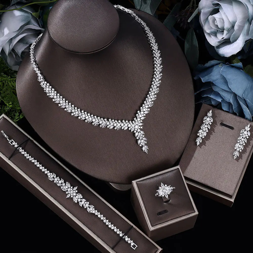 Luxury Gold Crystal Necklace Earrings Bracelet Ring Jewelry Set