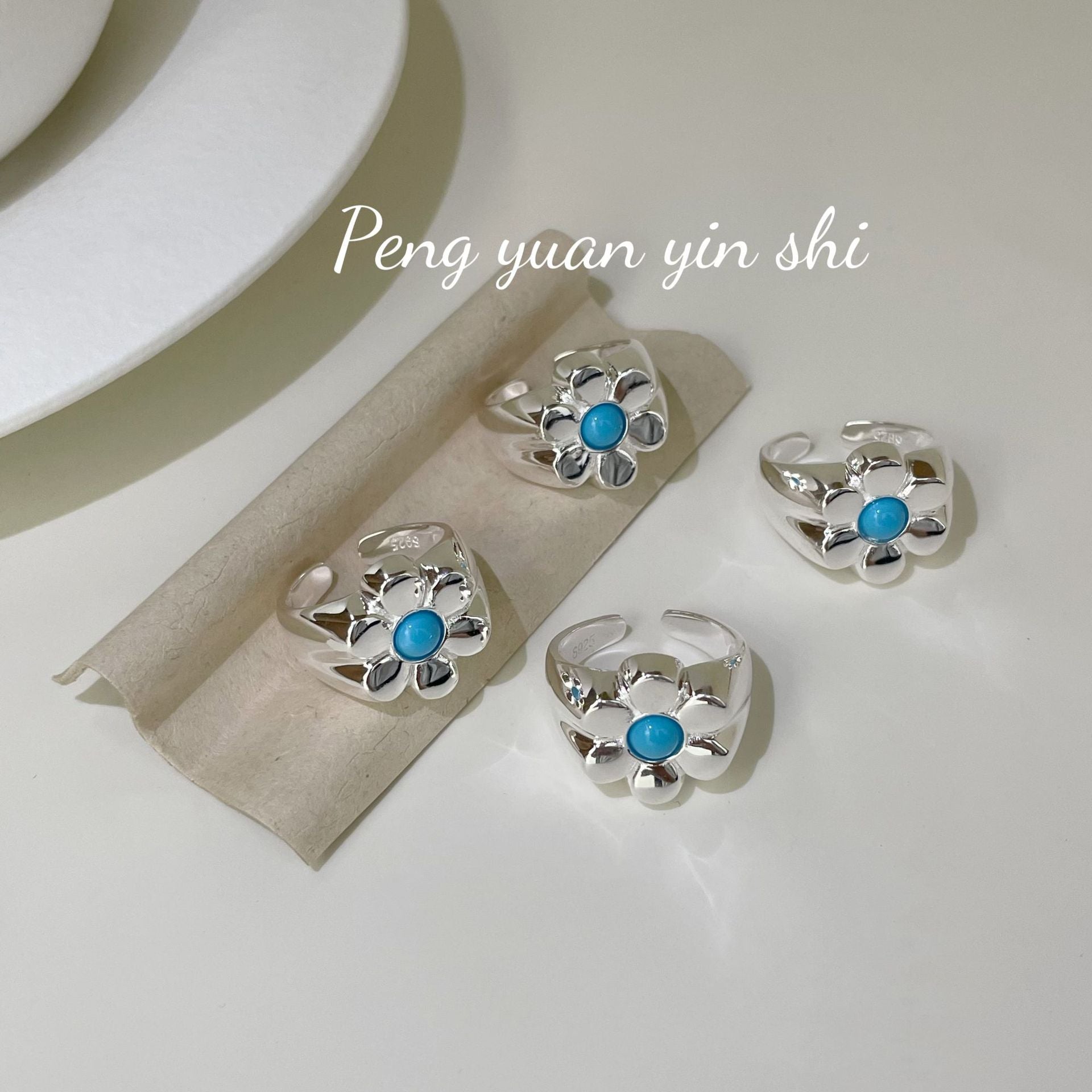 S925 Sterling Silver Blue Turquoise Daisy Ring
