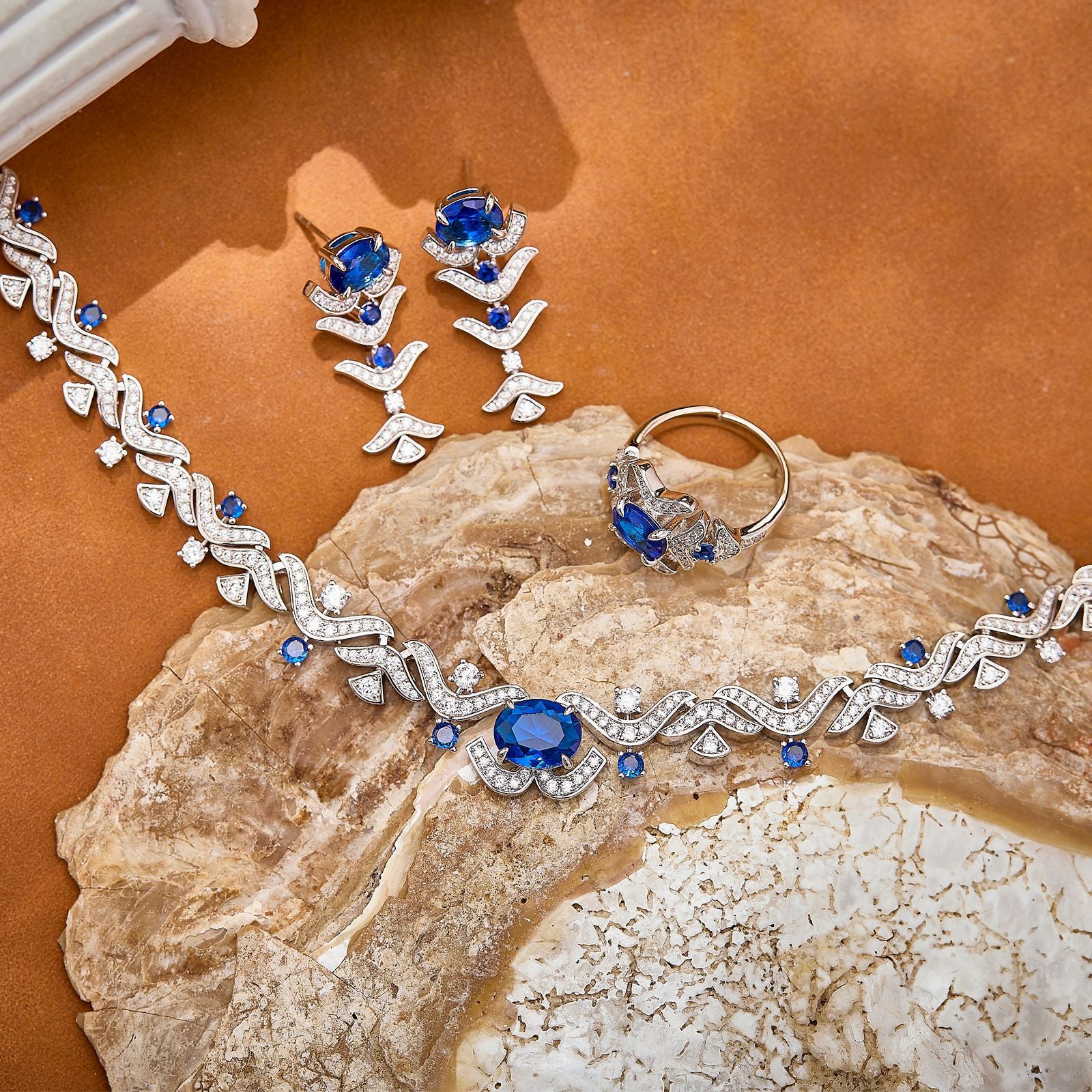 Luxury Sapphire Blue Crystal Jewelry Set – Necklace Earrings Bracelet Ring for Women