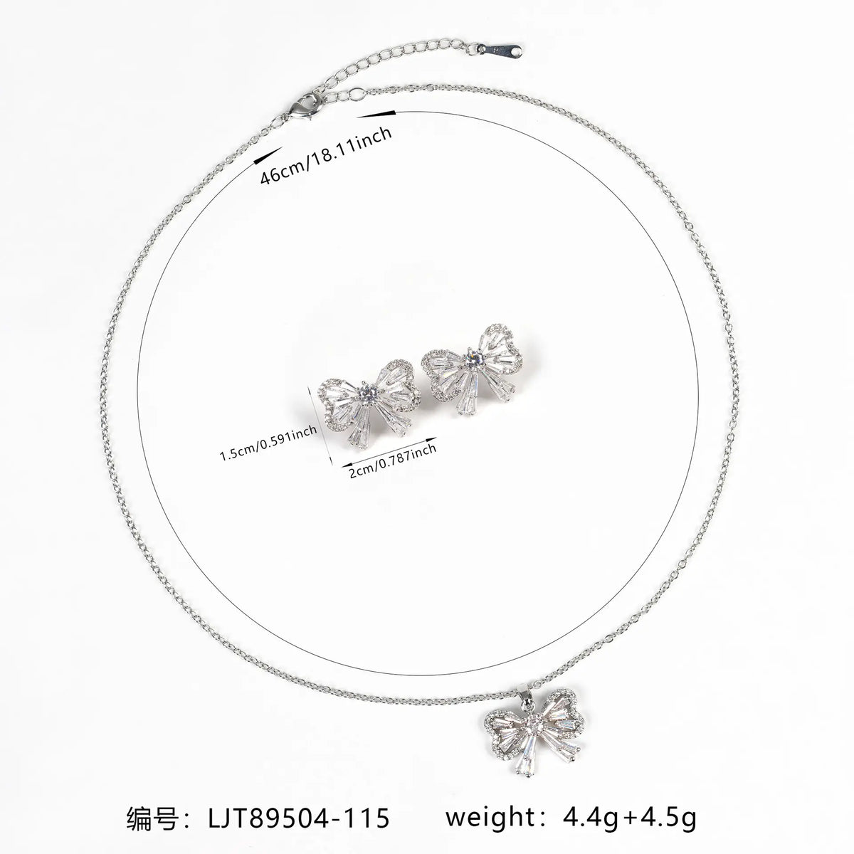Elegant Silver Bow Crystal Necklace and Earrings Jewelry Set