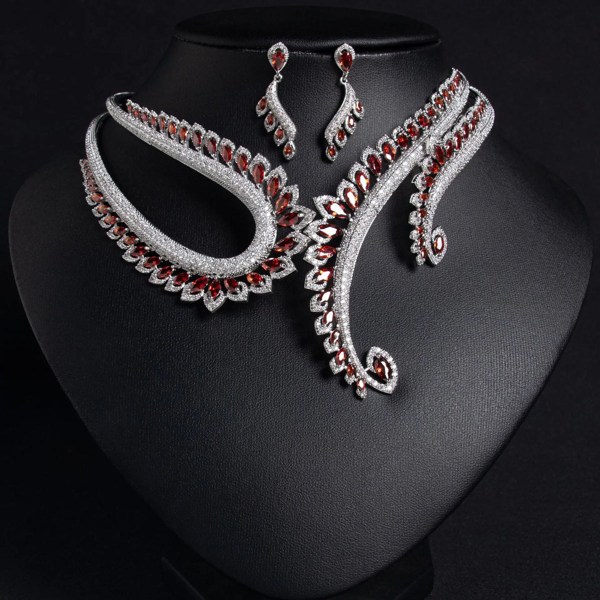 Glamorous Red Gemstone Necklace and Earrings Set – Luxury Evening Jewelry Collection