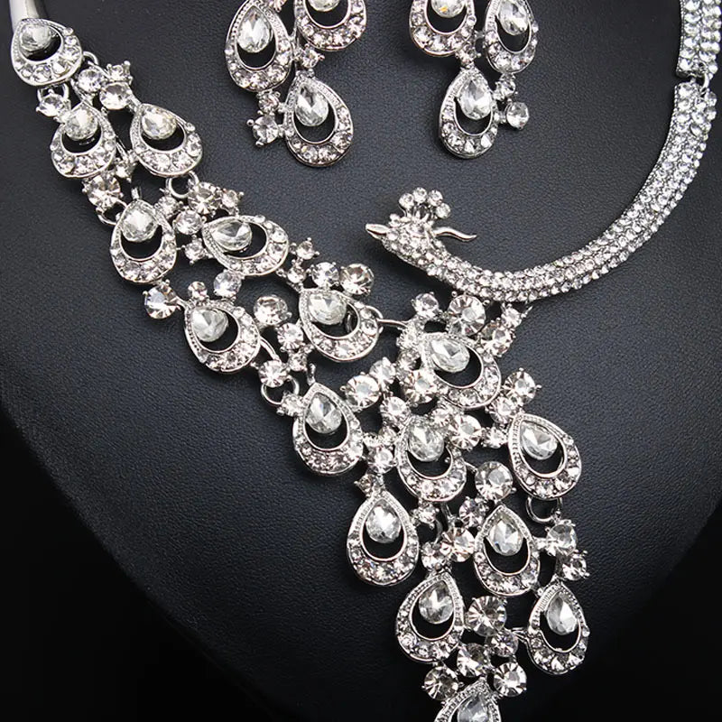 Luxury Multicolor Crystal Peacock Necklace and Earrings Jewelry Set