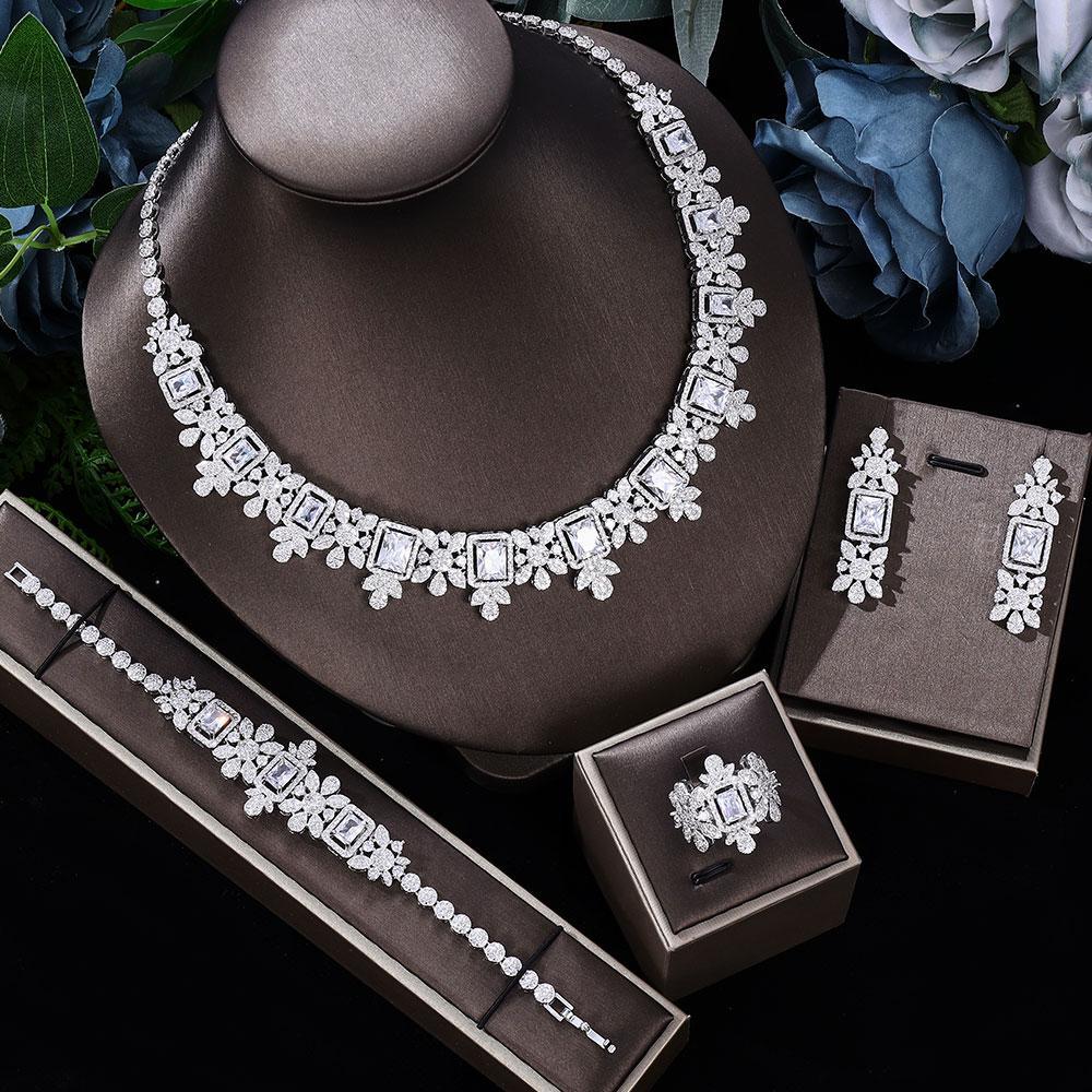 Luxury Purple Crystal Floral Jewelry Set – Necklace Earrings Bracelet Ring for Women