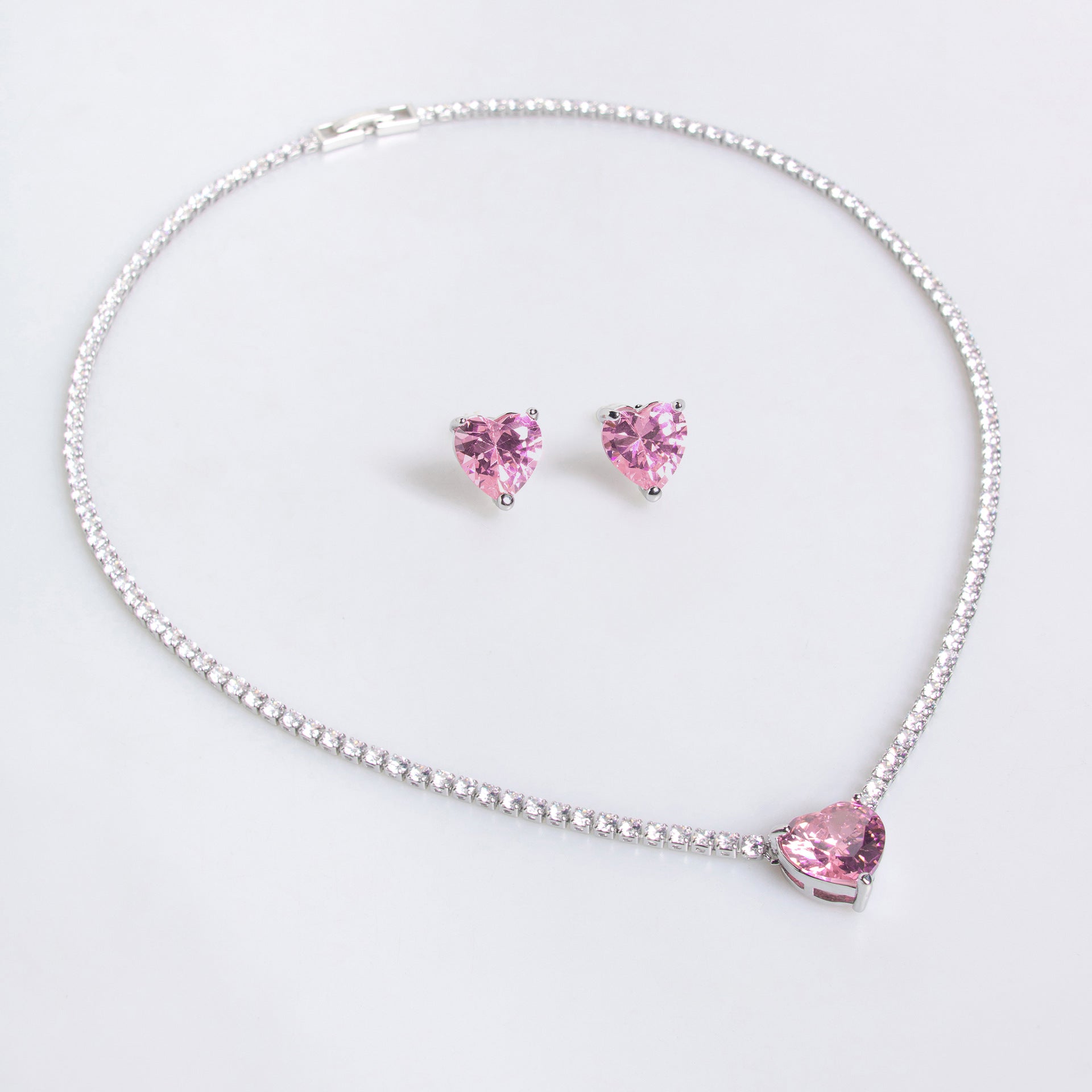 Luxury Pink Heart Crystal Necklace and Earrings Jewelry Set for Women
