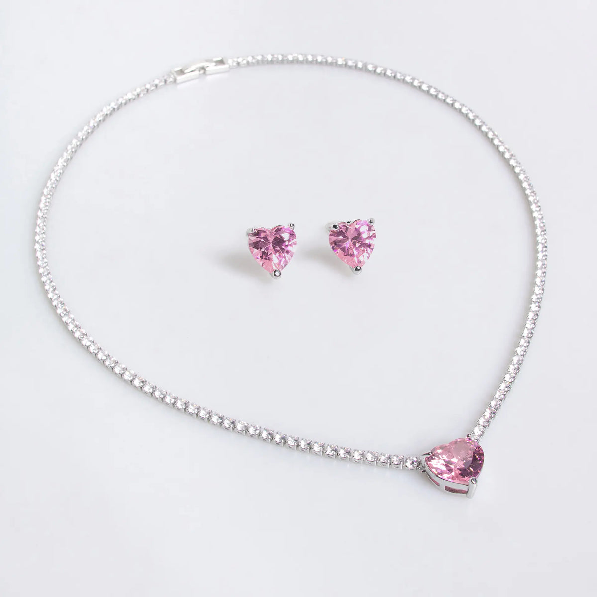 Ensemble de bijoux de luxe avec collier et boucles d'oreilles en cristal rose en forme de cœur pour femme