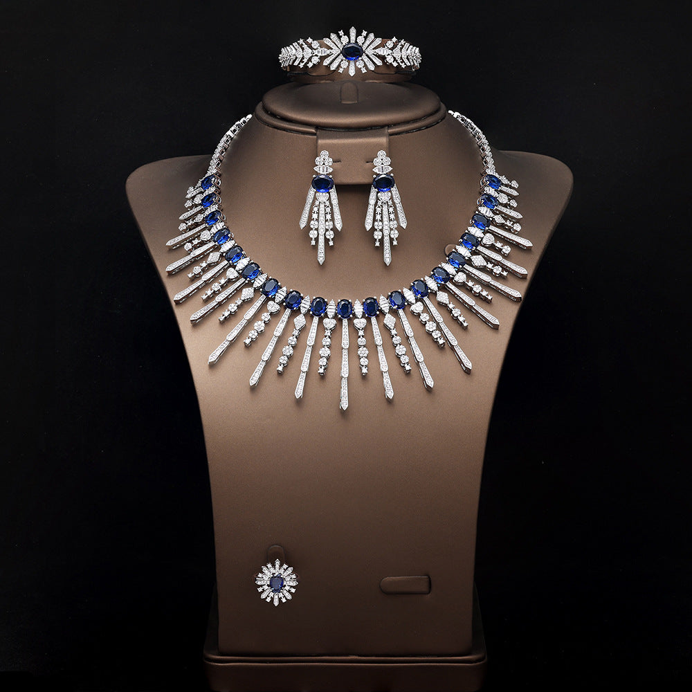 Luxury Pink Crystal Fringe Necklace Set Silver Tone Statement Jewelry Set for Women Wedding Party Jewelry