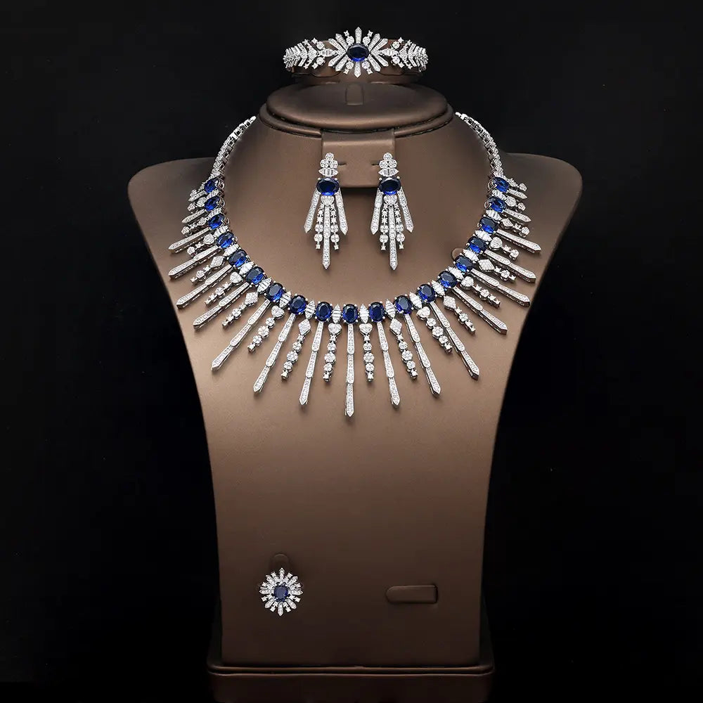 Luxury Pink Crystal Fringe Necklace Set Silver Tone Statement Jewelry Set for Women Wedding Party Jewelry