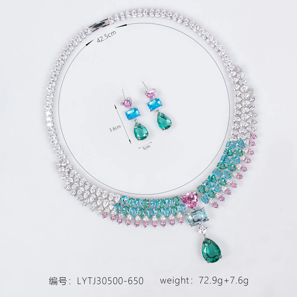 Parure de bijoux élégante avec pendentif en cristal bleu-vert en forme de larme