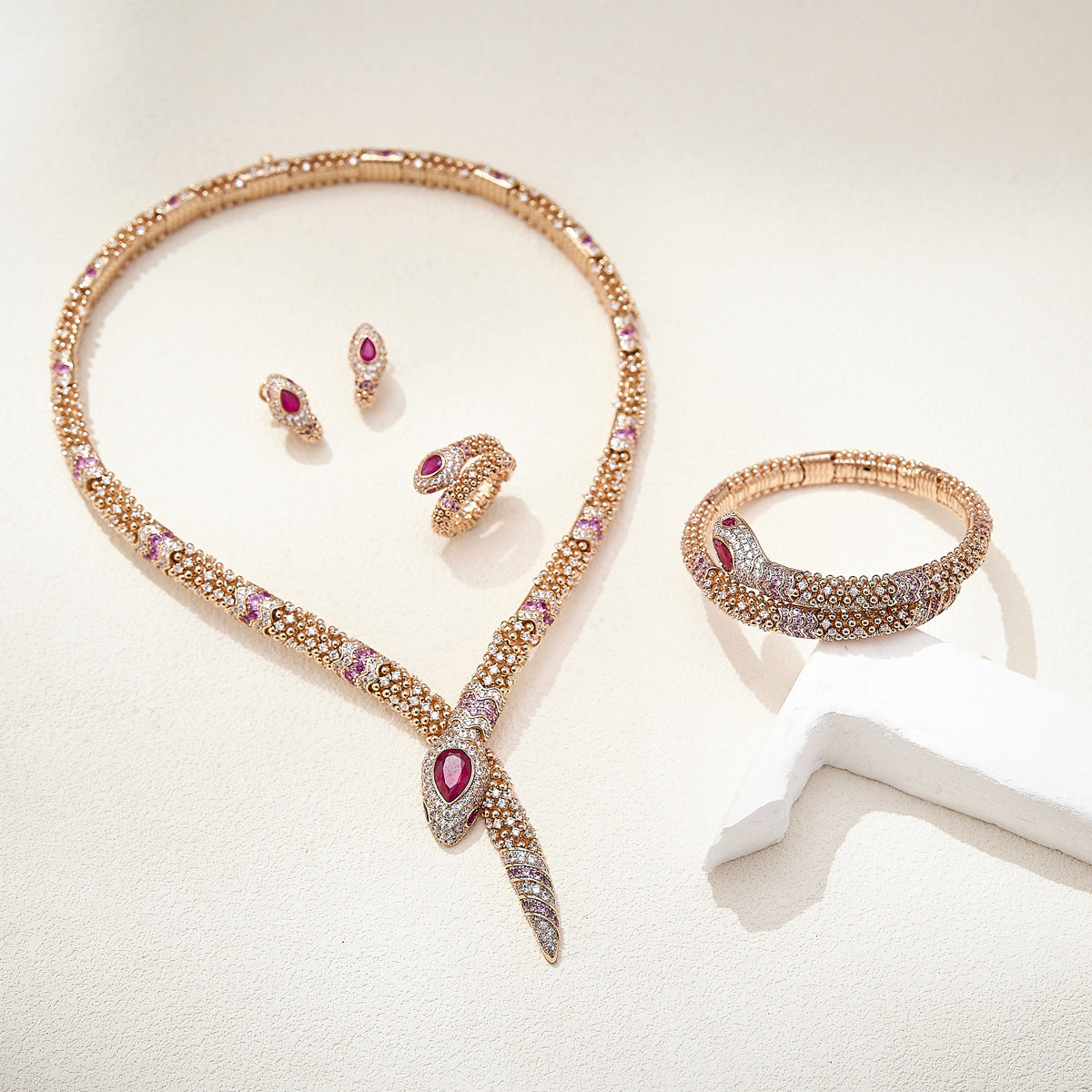 Designer Rose Gold Snake Chain Jewelry Set with Ruby Drop Stones