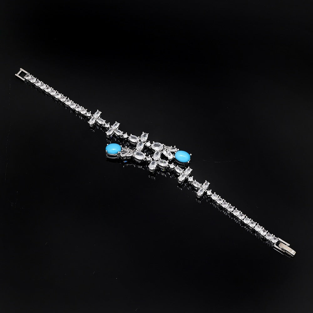 Luxury Silver Crystal Turquoise Blue Jewelry Set Necklace Earrings Ring Bracelet Bridal Wedding Statement Set for Women