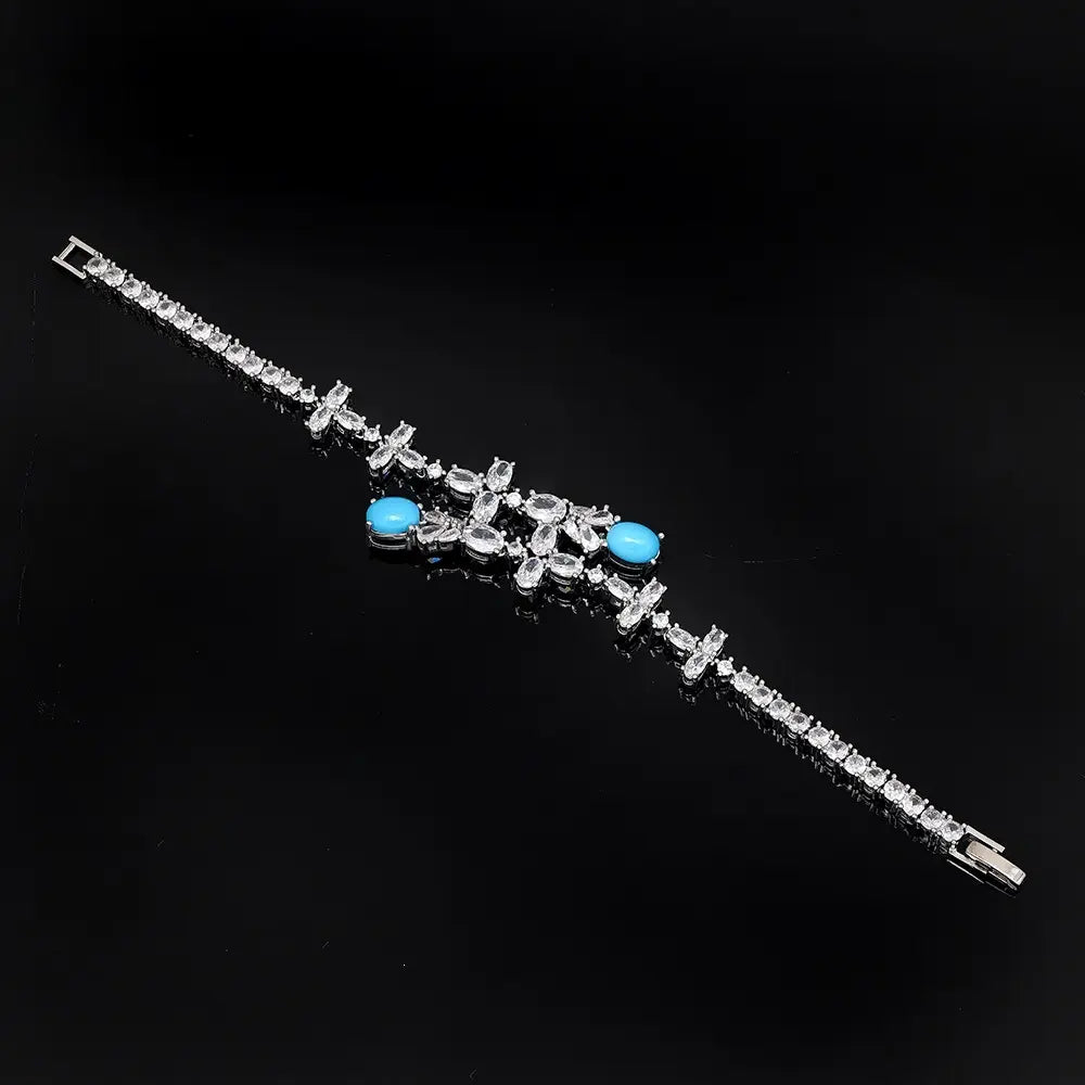 Luxury Silver Crystal Turquoise Blue Jewelry Set Necklace Earrings Ring Bracelet Bridal Wedding Statement Set for Women