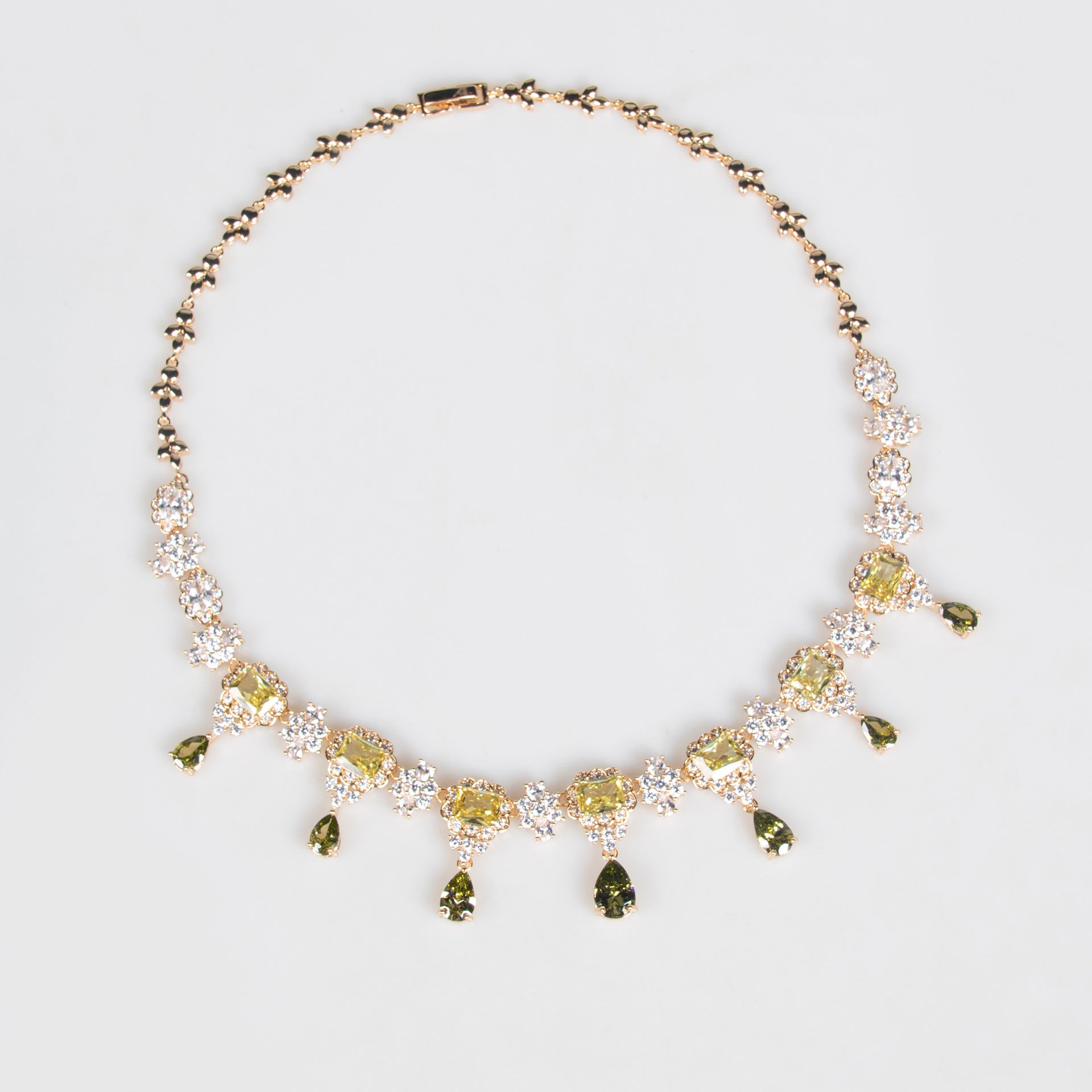 Luxury Olive Green Gemstone Necklace Set for Women – Gold Statement Jewelry with Matching Earrings