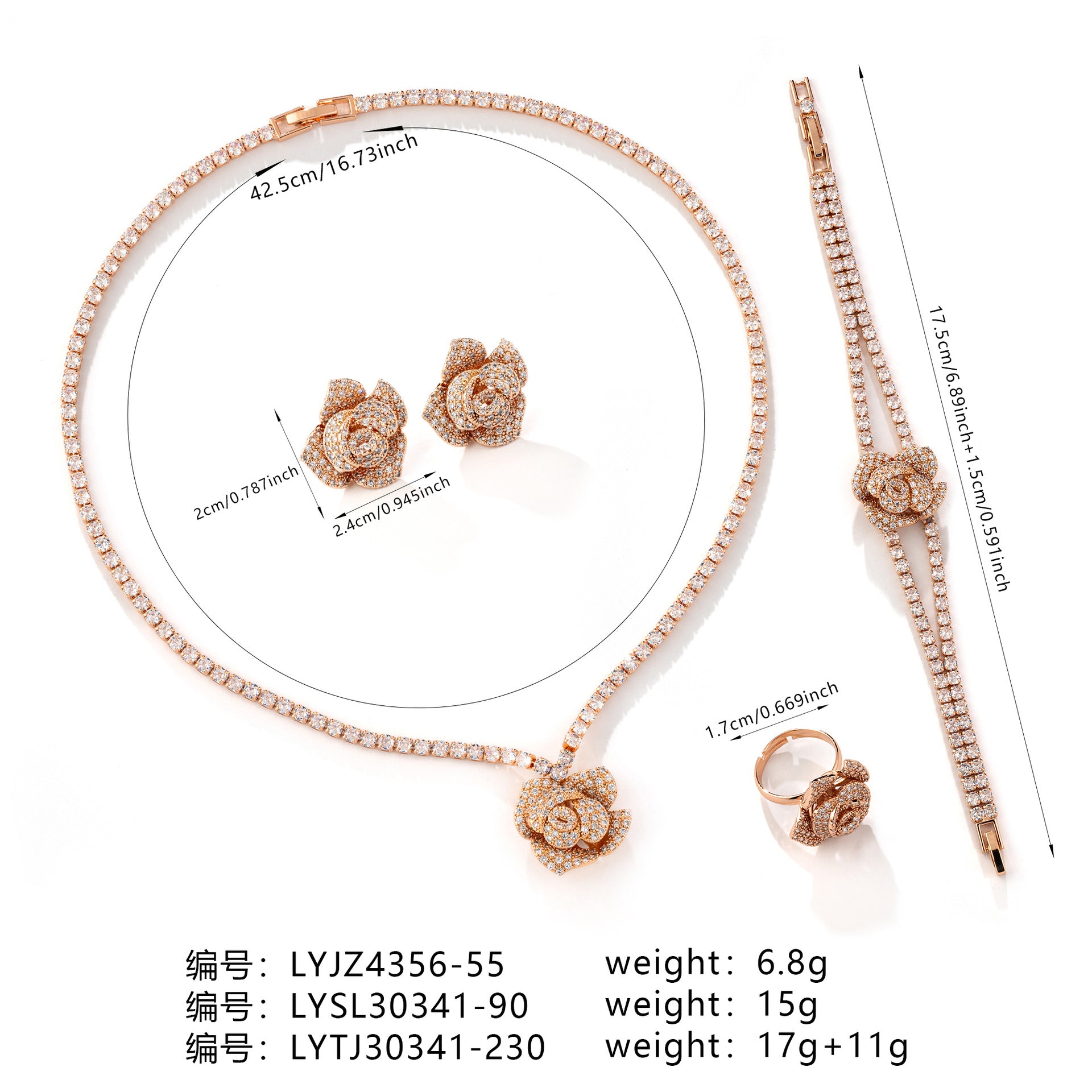 Luxury Rose Gold Crystal Rose Jewelry Set – Necklace Earrings Bracelet Ring for Women