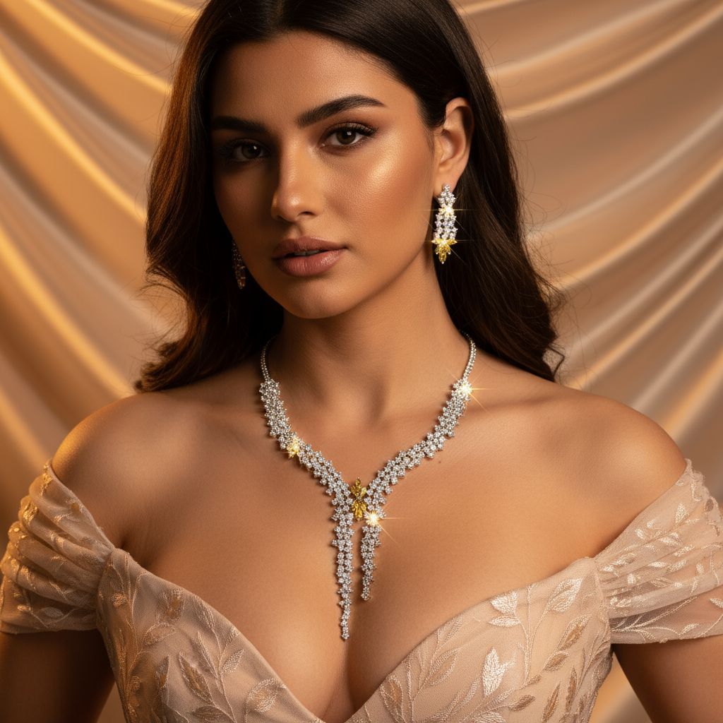 Parure collier et boucles d'oreilles style diamant de luxe avec pompon émeraude
