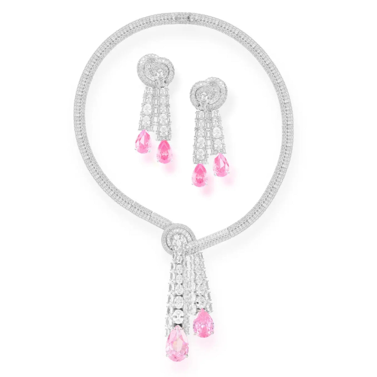 Luxury Pink Crystal Tassel Jewelry Set Necklace Earrings Elegant Circle Pendant Statement Set for Women
