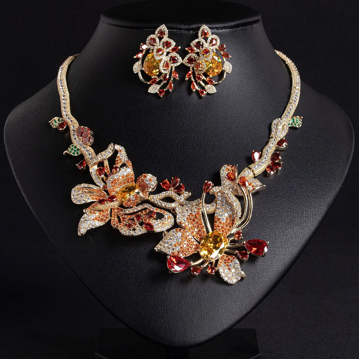 Parure Collier et Boucles d'Oreilles de Luxe en Cristal Jaune Citrine pour Soirée de Gala