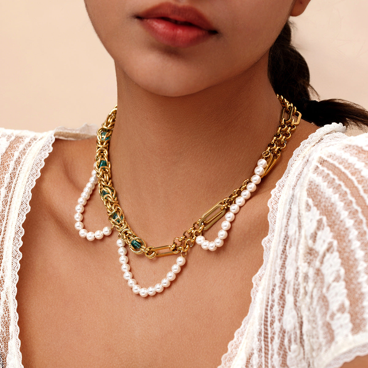 Titanium Steel Pearl Cuban Coarse Chain Splicing Necklace