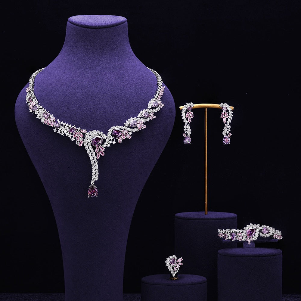 Luxury Pink Crystal Floral Jewelry Set – Necklace Earrings Bracelet Ring for Women