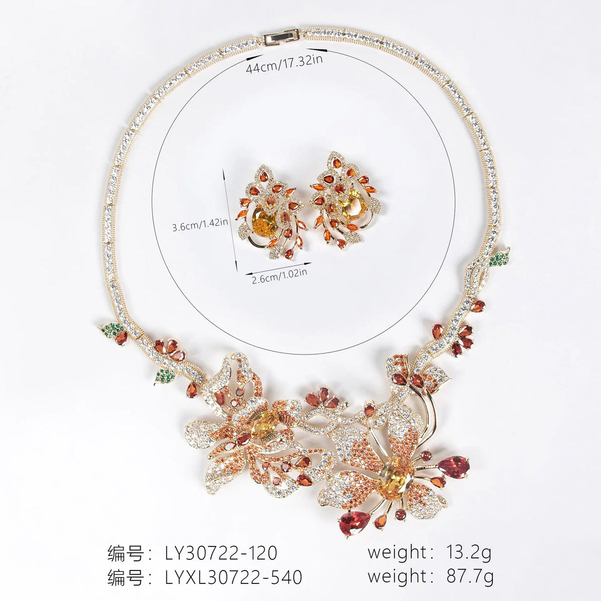 Parure Collier et Boucles d'Oreilles de Luxe en Cristal Jaune Citrine pour Soirée de Gala