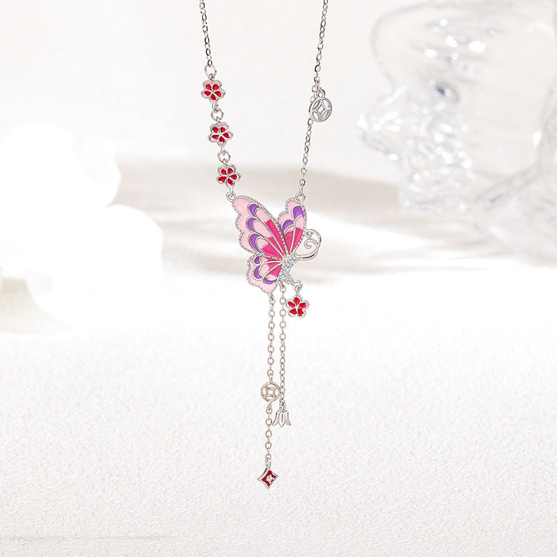 S925 sterling silver fringed enamel pink butterfly necklace