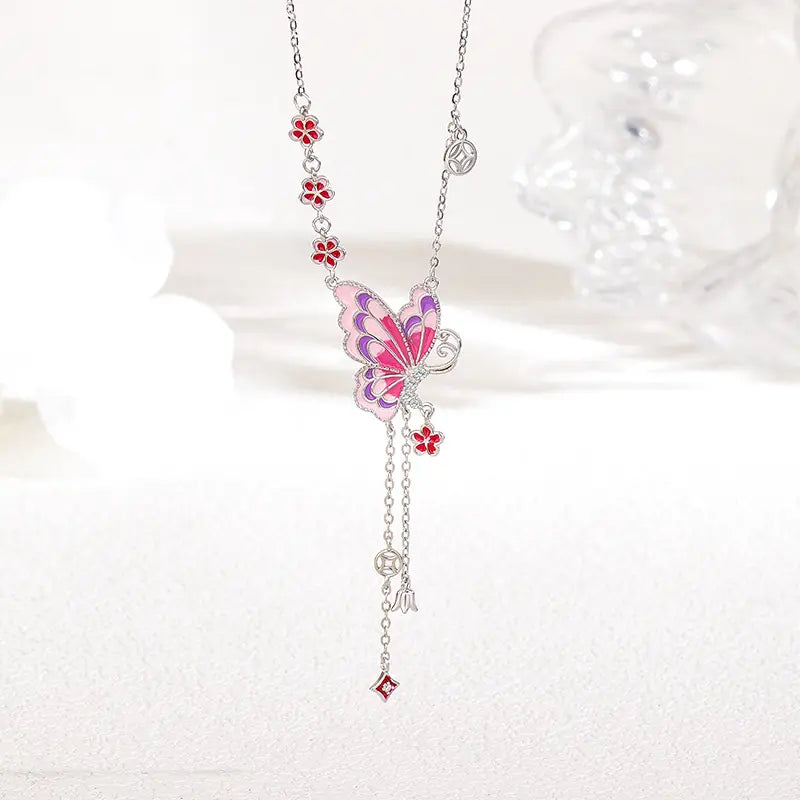 Collier papillon rose en émail et argent sterling S925 avec franges