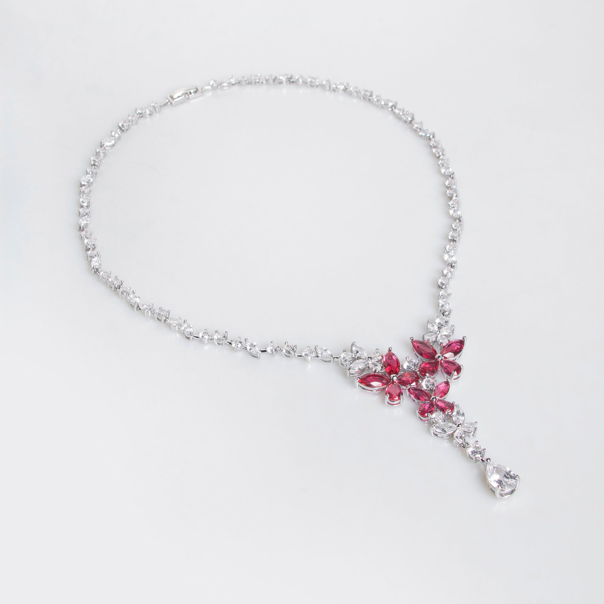 Luxury Pink Crystal Floral Necklace Earrings Set – Elegant Statement Jewelry for Women