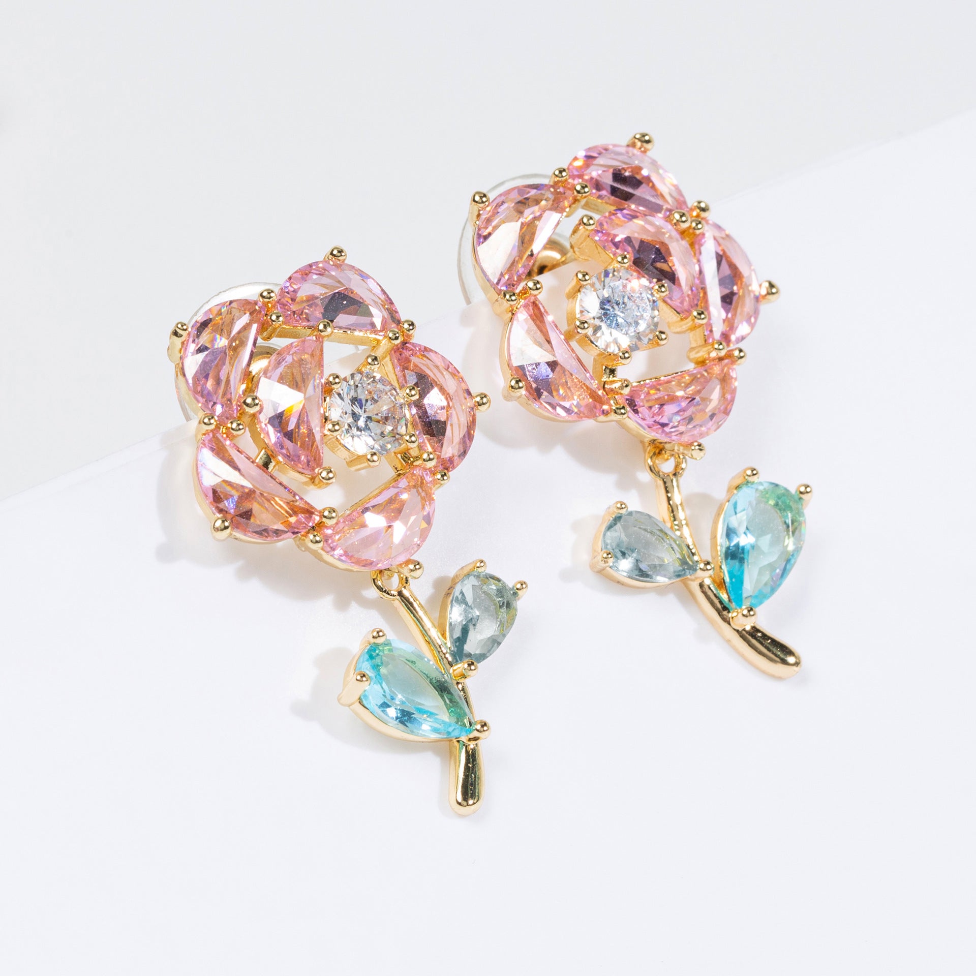 Luxury Pink Crystal Rose Earrings – Elegant Floral Jewelry for Women