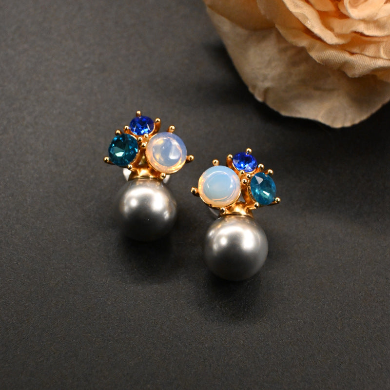 Premium blue rhinestone pearl stud earrings