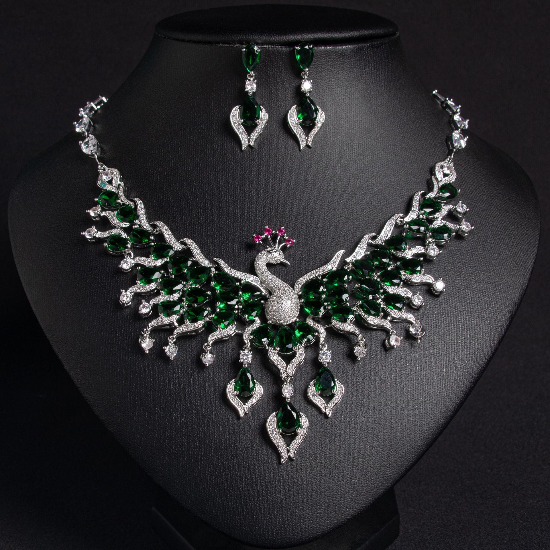 Luxury Multicolor Peacock Crystal Necklace and Earrings Jewelry Set