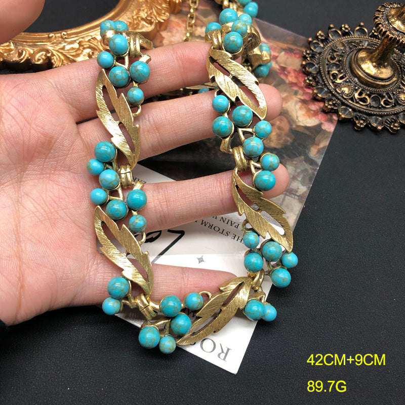 Turquoise inlaid necklace earrings antique gold jewelry set