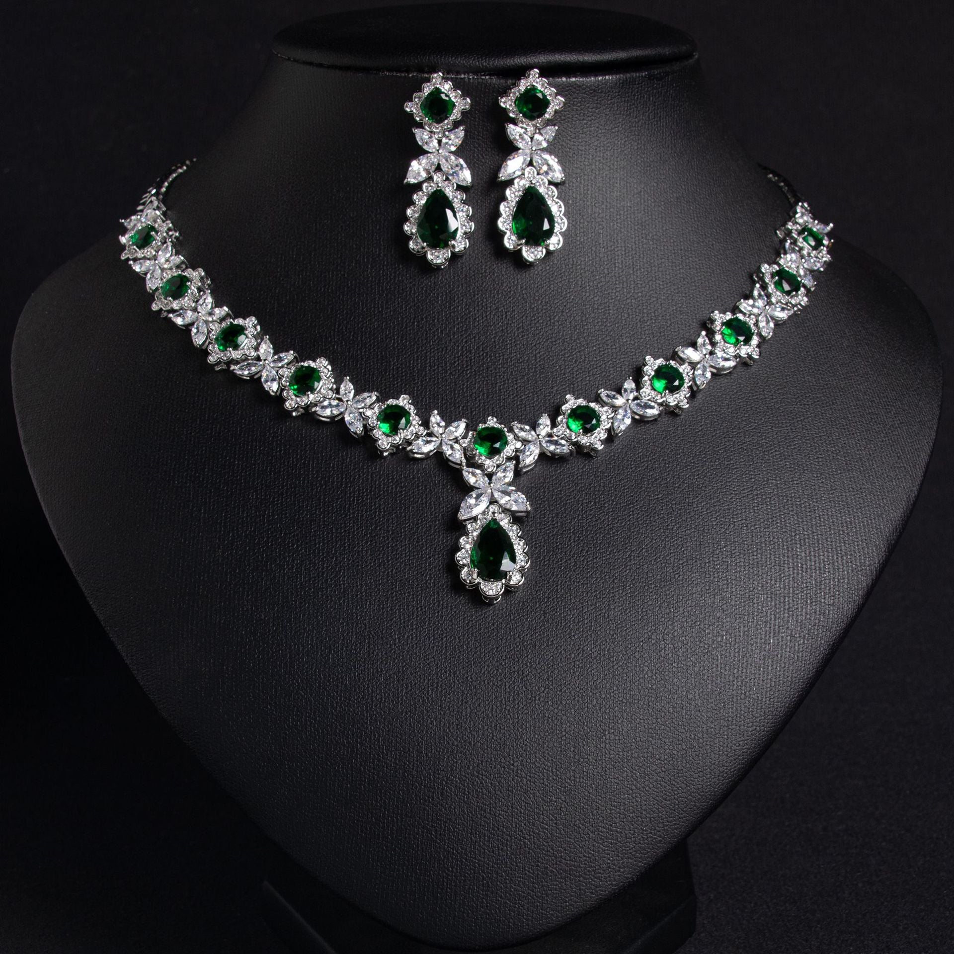 Luxury Ruby Teardrop Necklace Set – Floral Crystal Earrings Jewelry