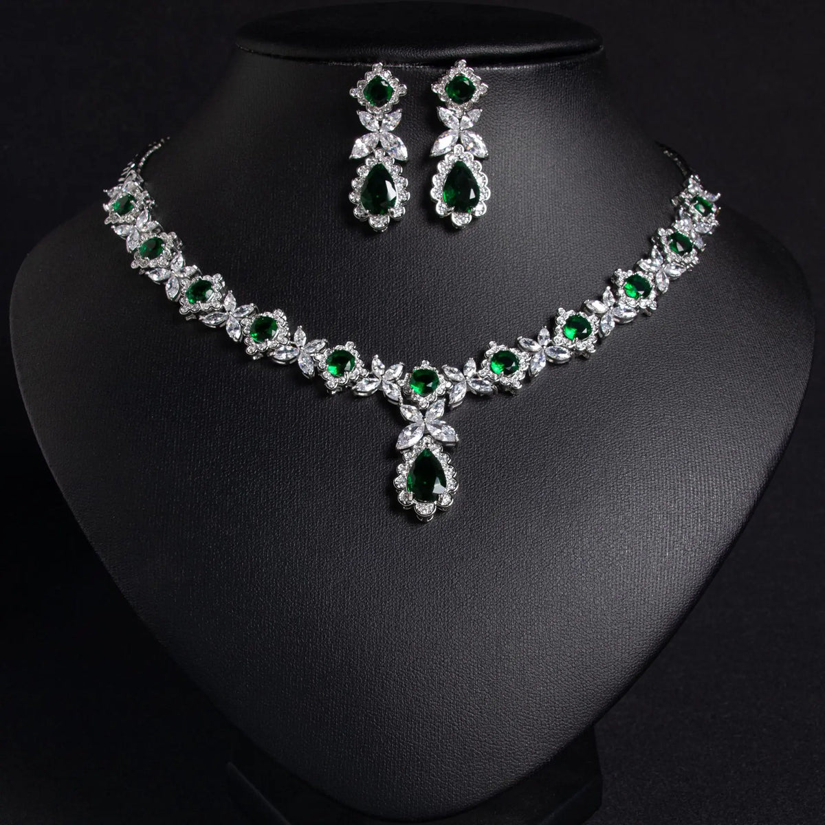 Luxury Ruby Teardrop Necklace Set – Floral Crystal Earrings Jewelry