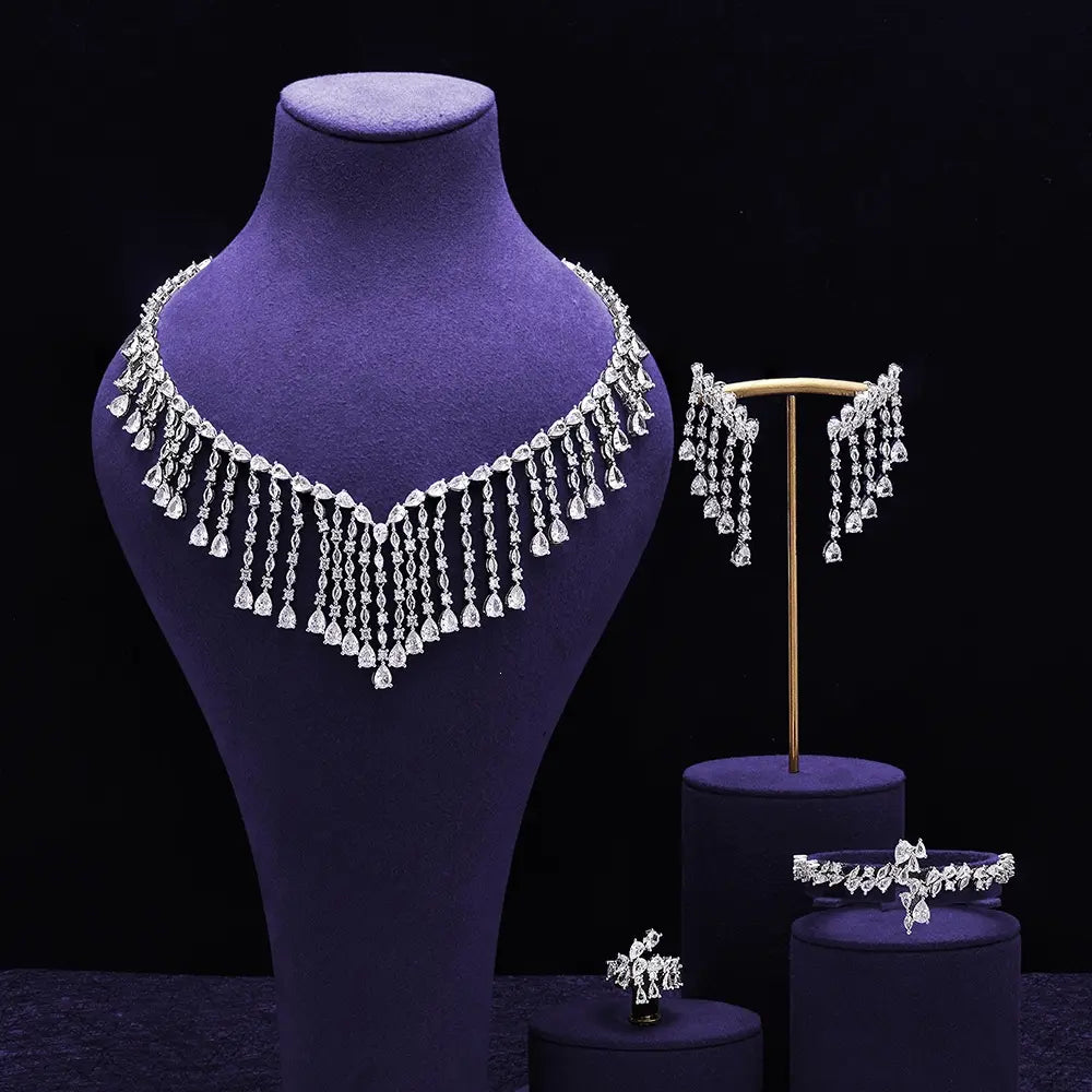 Luxury Silver Crystal Fringe Necklace Set Earrings Ring Bracelet Bridal Wedding Statement Jewelry for Women Elegant Sparkling Set