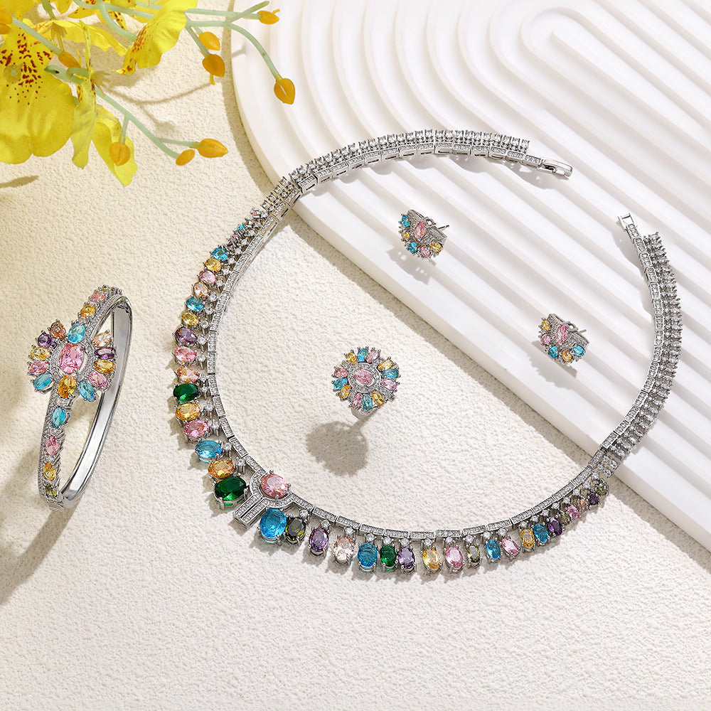 Luxury Rainbow Crystal Statement Jewelry Set – Necklace Earrings Ring Bridal Set
